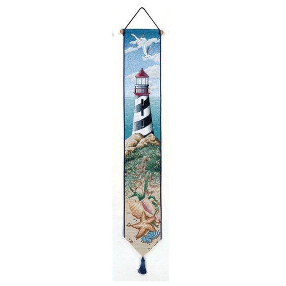 Lighthouse & Beach Scene Woven Tapestry Bell Pull Wall Hanging Banner Coastal Na - Picture 1 of 7